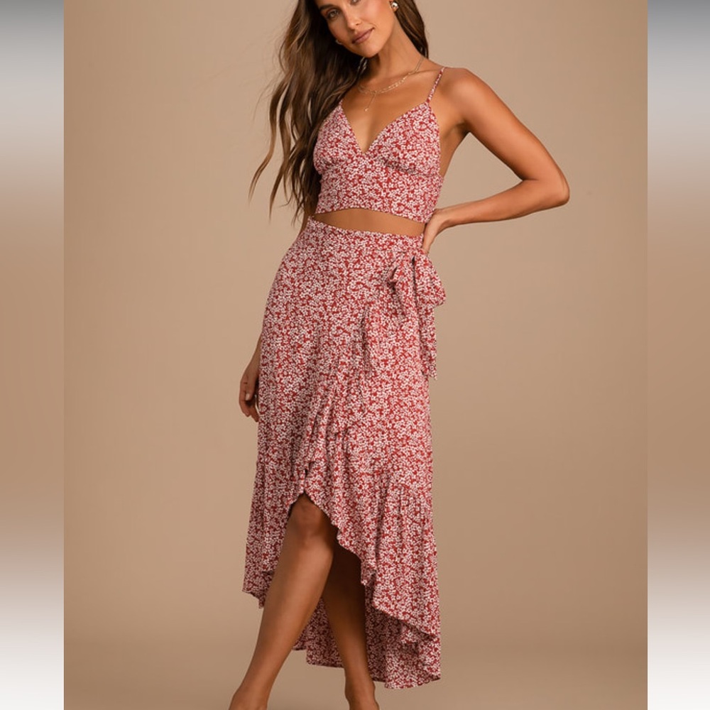 Lulus Rust Brown Floral Print Two-Piece Midi Dress